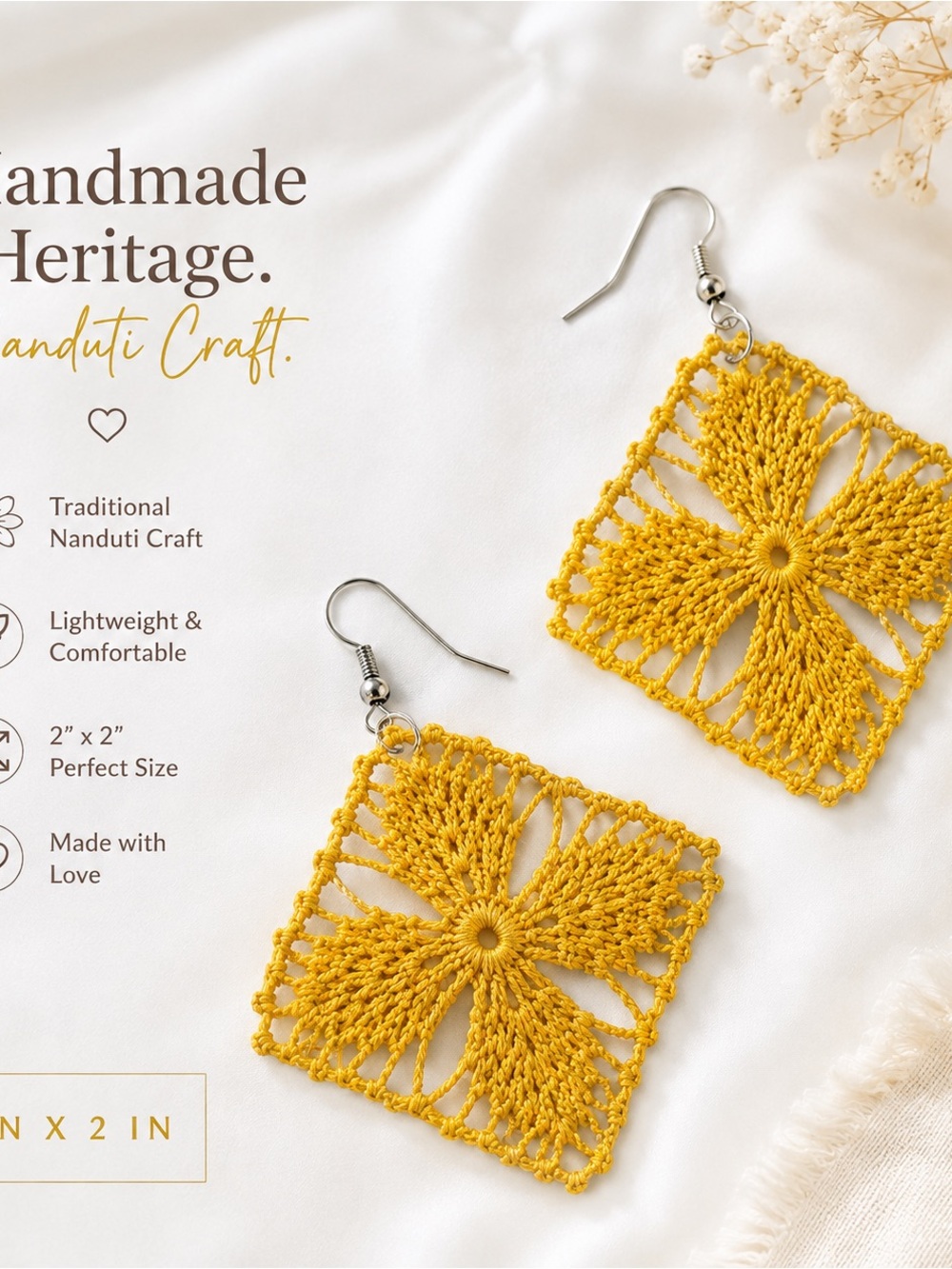 Handmade Yellow Crochet Flower Drop Earrings - Women Jewelry - Nanduti heritage.